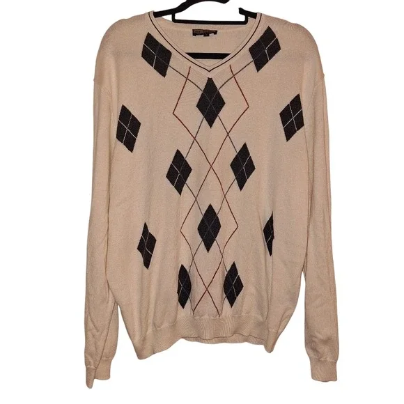 Leno Romano Collection Mens Argyle‎ V-Neck Sweater Cream Cotton Silk Cashmere L