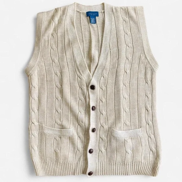Vintage Men’s Towncraft Cream Tan Cable Knit V-Neck Grandpa Button Sweater Vest