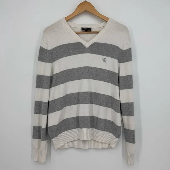 Men’s Express V-Neck Striped Sweater White & Gray Size Medium Preppy Office