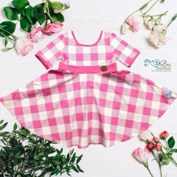 Girls Back to School Plaid Checkered Dress Pink Preppy girls twirl dress pockets