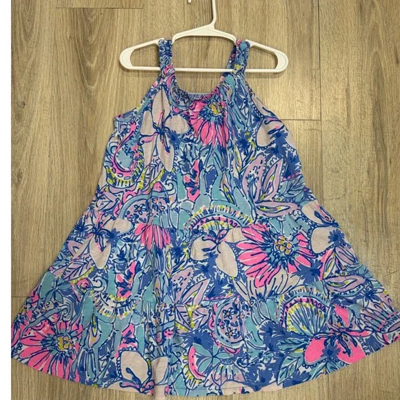 Lilly Pulitzer Girls Blue Pink Floral Tiered Knit Dress Size M 6-7 Sleeveless