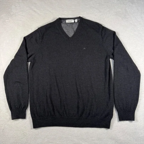 Calvin Klein V-Neck Sweater Mens L Grey Italian Merino Wool Embroidered CK Logo