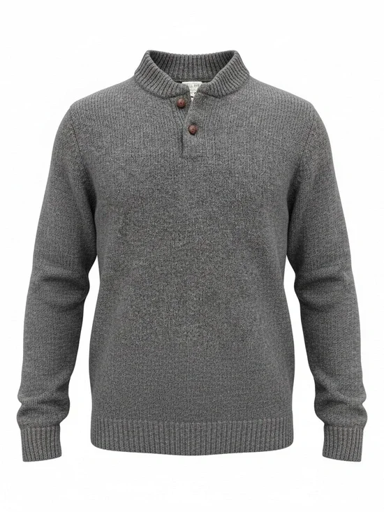 L.L. Bean Men's Gray Ribbed Button-Neck wool Crewneck Sweater