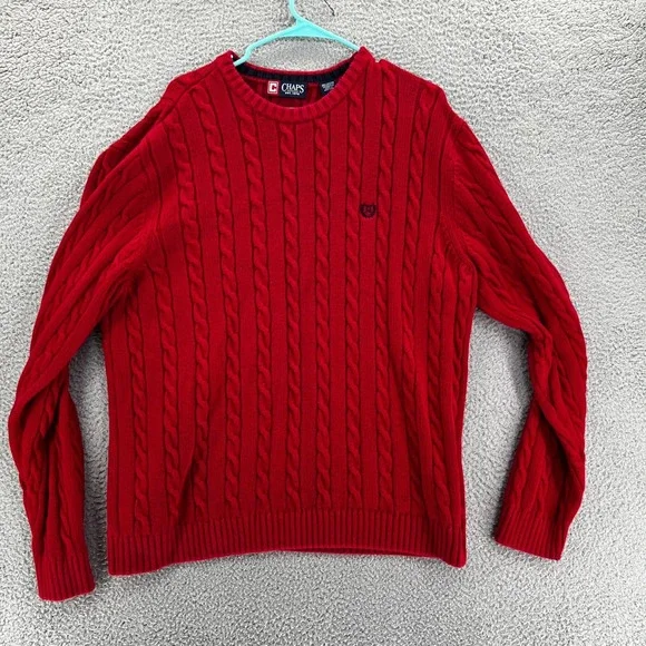 Vintage Y2k Chaps Ralph Lauren Men's‎ Red Cotton Cable Knit Pullover Sweater XL