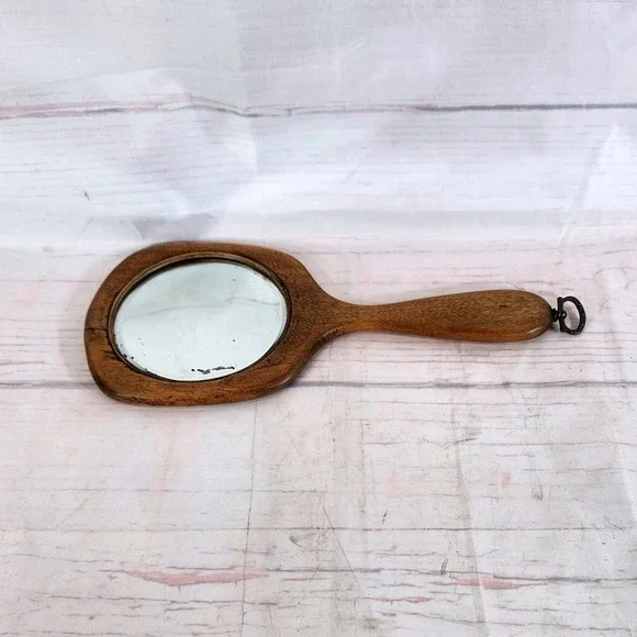 Hand Mirror Brown Wood‎ Vintage Primitive Hanging Loop