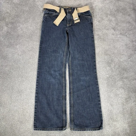 Old Navy Jeans Youth Boys 14 Straight Leg Dark Blue Denim Flap Pockets Belt Y2K