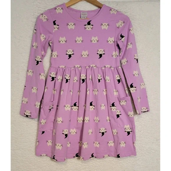 Hanna Andersson Girls Dress Size 140 (US 10) Cats Purple Long Sleeve 1287