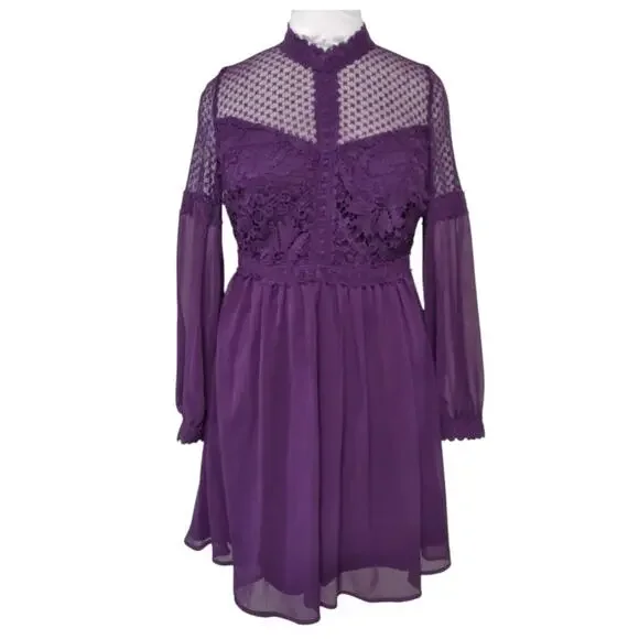 Girls Purple Party Dress Size XL Special Occasion Sheer Chiffon Lace A-line