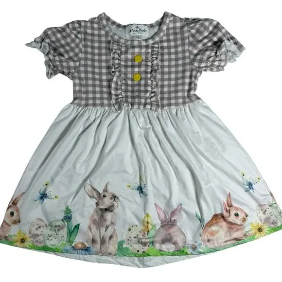 Marie Nicole Girls Easter Bunny Dress Ruffle Sleeve Gingham Size S EUC