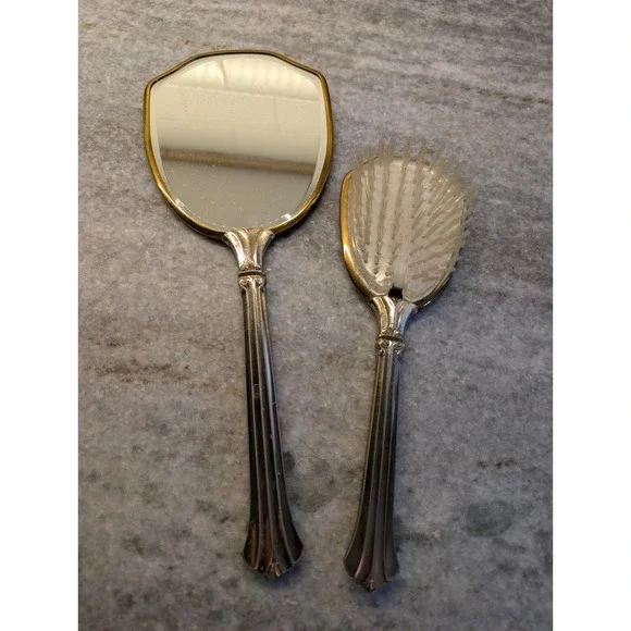 Vintage‎ Mirror and Brush Set Vanity Set Gold Tone Floral Design