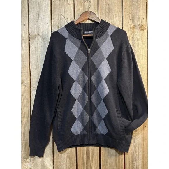Boven & Wright Mens L Argyle Zip Up Sweater Black Gray‎ Mock Neck Cotton