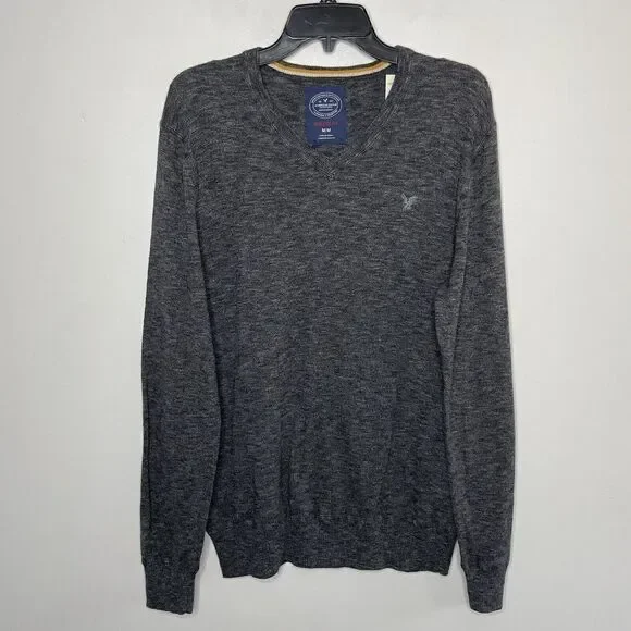 AMERICAN EAGLE Sweater Mens Medium Gray V-Neck Pullover NEW Cotton Athletic Fit