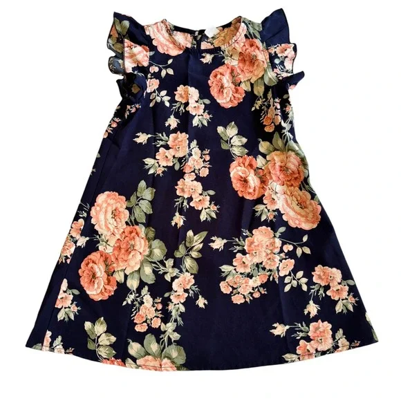 SHEIN Girls 4Y Navy Blue Floral Flutter Sleeve A-Line Dress