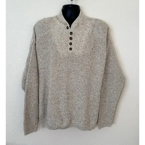 Vintage Eddie Bauer Henley Pullover Sweater Cable Knit Mens Large Grandpa USA