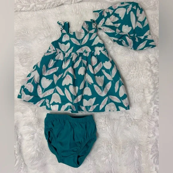 Carter’s 3M Floral Dress Set with Bloomers & Sun Hat | Green Tulip Print
