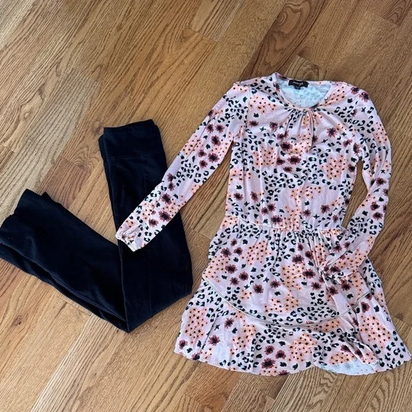 Girls 7/8 bundle Boutique dress, and black flares.