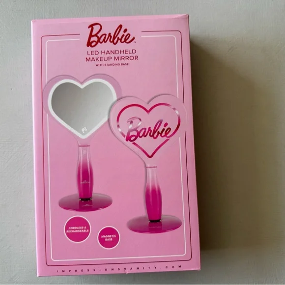 NIB Barbie LED Handheld Makeup Mirror with Standing Base