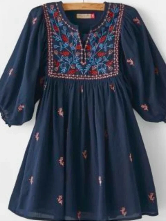Pink Chicken Ave Bella Embroidered Dress Girls Size 14 Navy Blue Boho Peasant