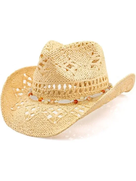 Women's Beige Orange Cowgirl Comfortable Classical Wide with Shapeable Brim