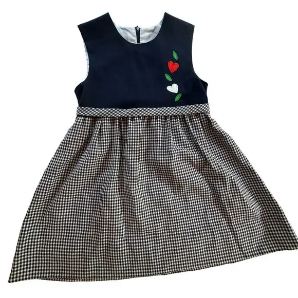 Vintage Girls Dress 6 6X Navy Blue Gingham Tie Waist Heart Applique Colorblock