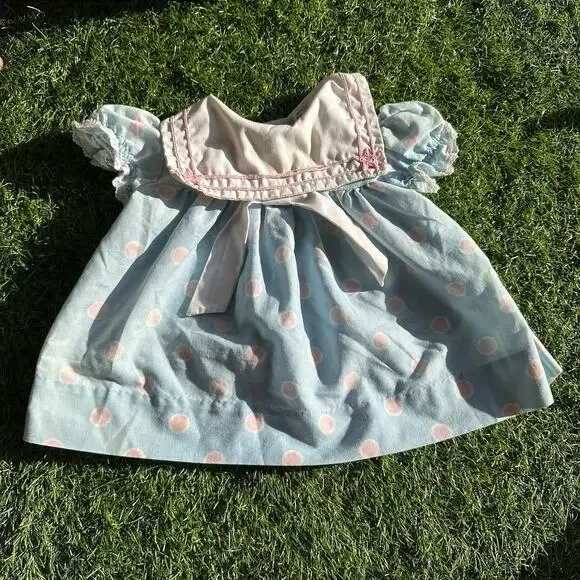 Vintage Bryan Baby Dress 6-9 Months USA Sailor Collar‎ Bow Blue Pink Polka Dot