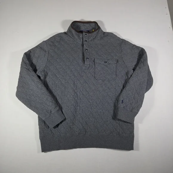 Polo‎ Ralph Lauren Quilted Luxury Jersey Pullover Mens XLT Gray Snap Sweater