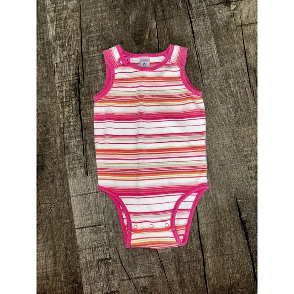 Vintage Y2K Old Navy Baby Pink Orange Striped Sleeveless Bodysuit 18-24M 2005