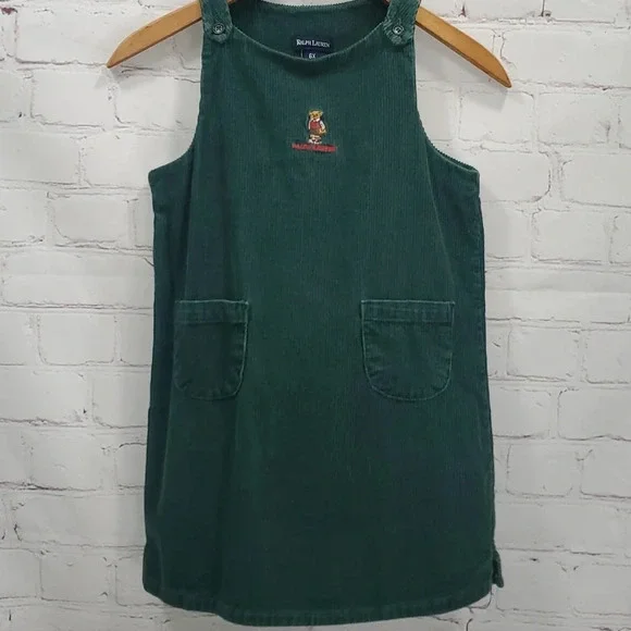 Ralph Lauren Green Corduroy Dress Overall Embroidered Bear Size 6x