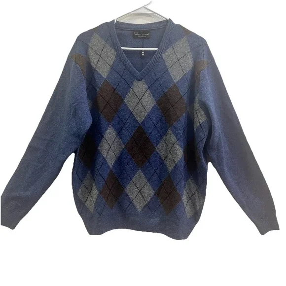 Hawick Knitwear‎ 100% Pure New Wool V-Neck Argyle Sweater Mens L Brown Blue NEW