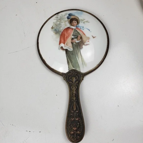 Vintage Victorian Style Hand Mirror Ornate Brass Porcelain Lady Red Cape Beveled