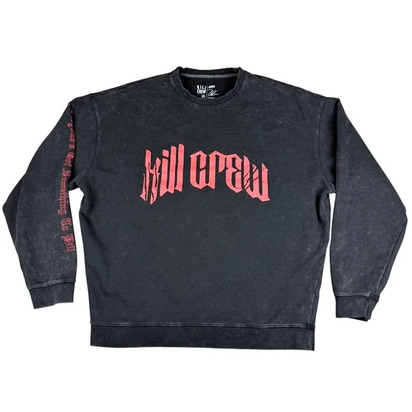 Kill Crew Sweatshirt Mens 4XL Black Acid Wash Lone Wolf Streetwear Hip Hop Y2K