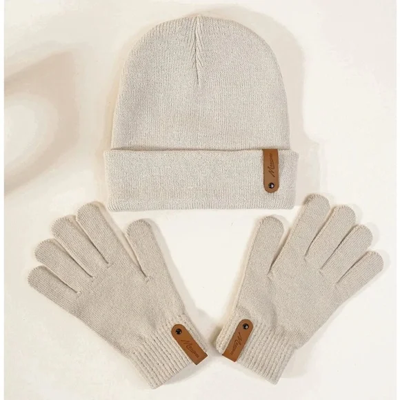 Knit Beanie Hat and Gloves Set in Beige