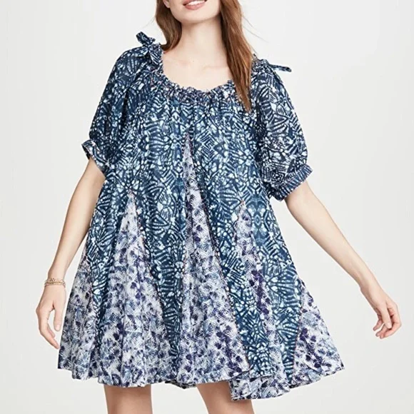 Free People Jet Set Mini Dress Blue Indigo Boho Off Shoulder Abstract