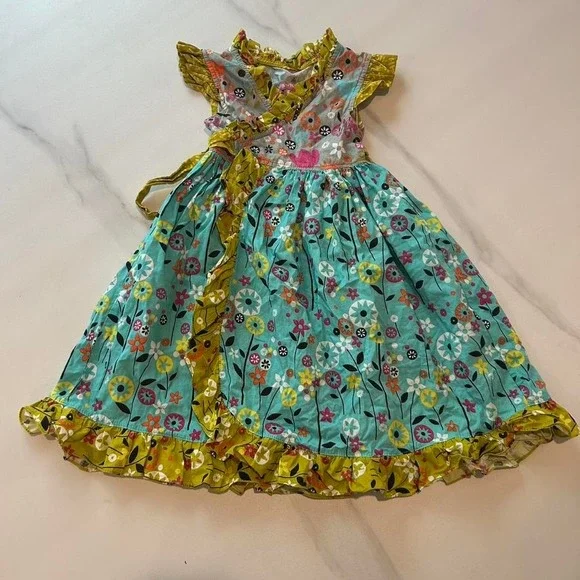 Blue and green floral and bee 🐝 wrap dress with ruffles‎