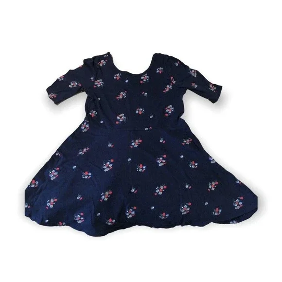 Old Navy Girl's Size S/P (6-7) Navy Blue Floral Skater Dress 3/4 Length Sleeves