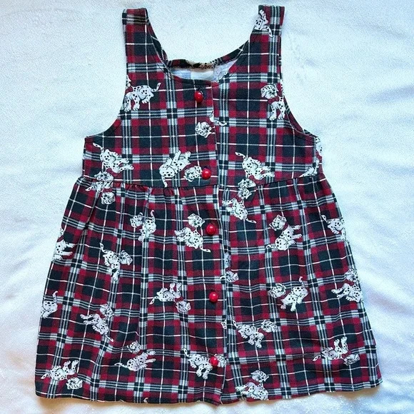 Unbranded Vintage Girls Plaid Tank Dress 6X Dalmatian Dog Red Black Wht Holiday