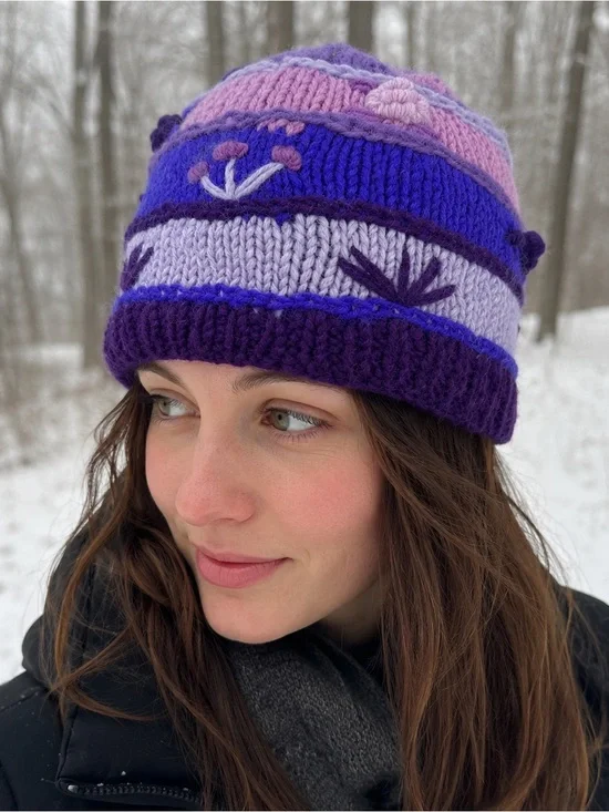 Handmade in Nepal Purple Pink Blue Floral 100% Wool Knit Beanie Hat