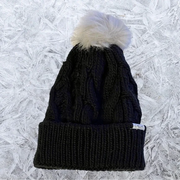 NEW CALIA Pom Pom stocking cap hat - Black with Gray/Silver Pom