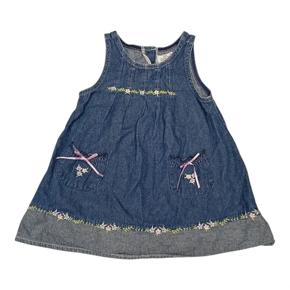Girls Y2K 90's Vintage Denim Flower Embroidery Dress 24 Mos Kidscore 100% Cotton