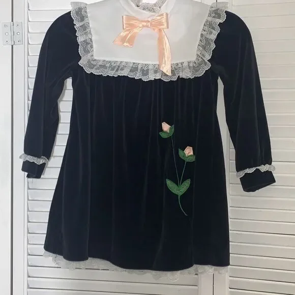 Vintage Bonnie Jean Velvet Lace Bib Collar Dress Size‎ 6