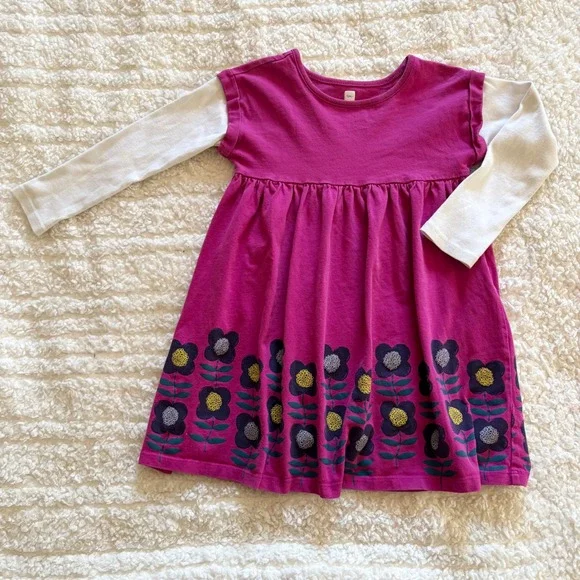 Tea Collection Girls Magenta Pink Floral Layered Long Sleeve Cotton Dress Size 5