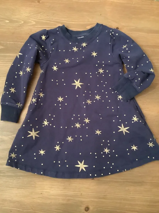HANNA ANDERSSON GIRLS SIZE 4 NAVY FRENCH TERRY DRESS WITH GOLD FOIL STAR PRINT