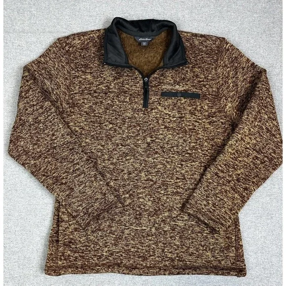Eddie Bauer Sweater Mens Medium Brown Quarter Zip Fleece Pullover Pockets Sherpa