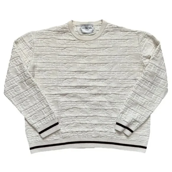 Vintage 90s Iceberg All Over Logo Knit Sweater Cream Wool Blend Size XXXL Italy