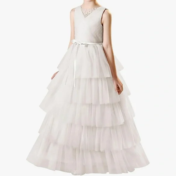 NWT Layered Tulle Flower Girl Dress with Belt Size 6 Ivory