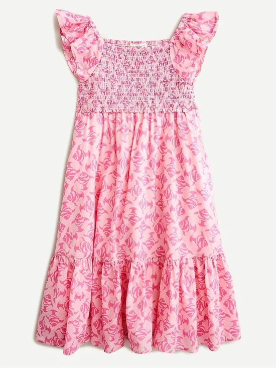 J Crew Crewcuts Girls' Pink smocked ruffle dress Fish Print Size 8