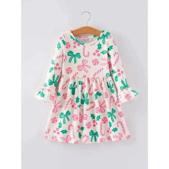 Girls Size 4 Christmas Dress Pink Green‎ Bows Candy Candy Canes Holly Boutique