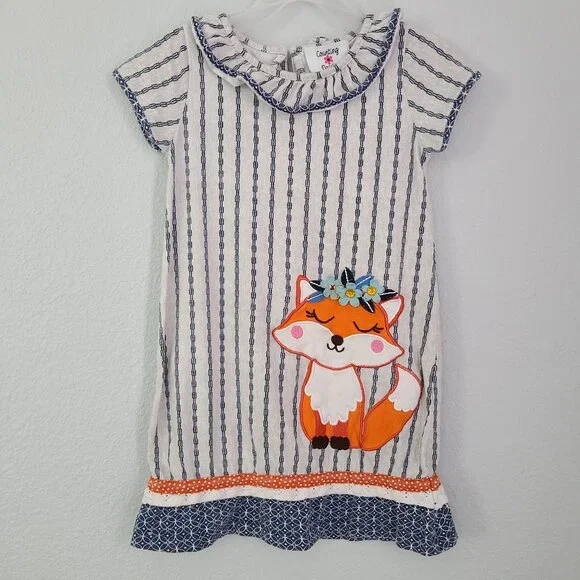 Counting Daisies Girls Striped Fox Appliqué Ruffle Collar Dress Size 5
