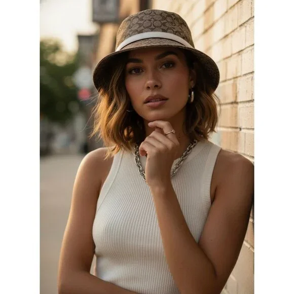 Vtg Y2K Coach Signature Brown Bucket Hat | Preppy Grunge Coastal Grandmother P/S