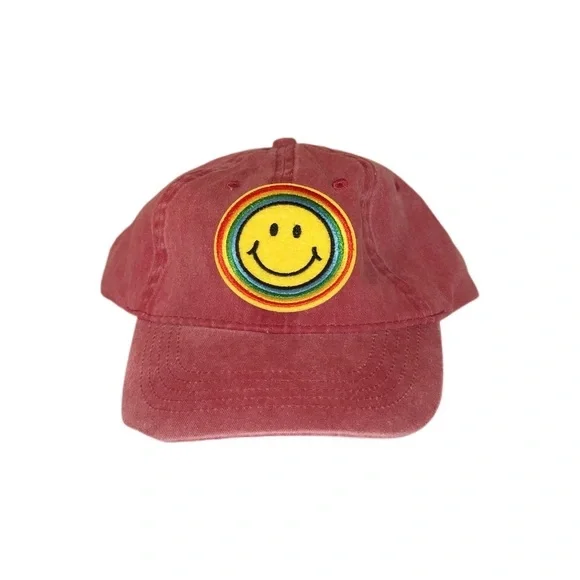 Washed Pink Baseball Hat W/ Rainbow Smiley Patch